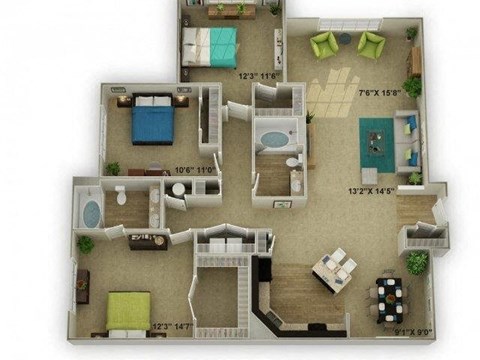 Floor plan for 3 beds, 2 baths, 1479 sqft